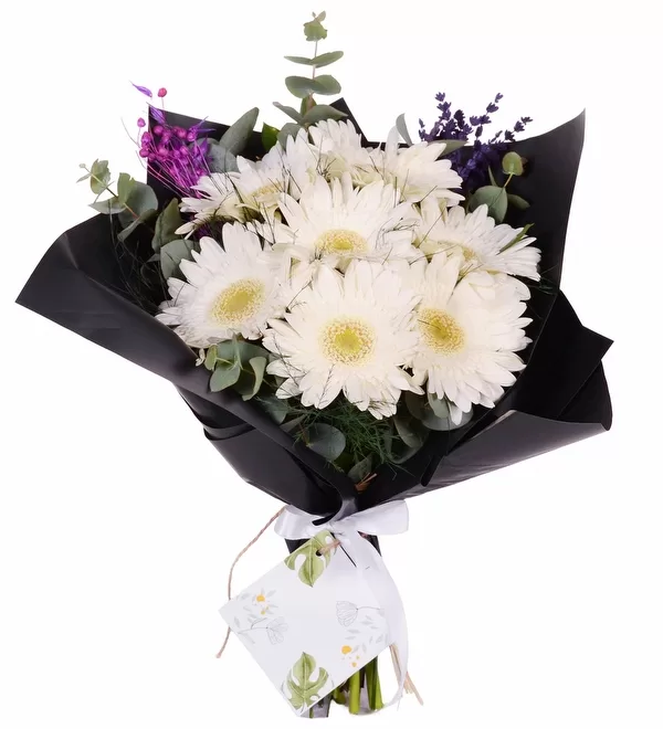 Siyah Bukette Beyaz Gerbera Buketi