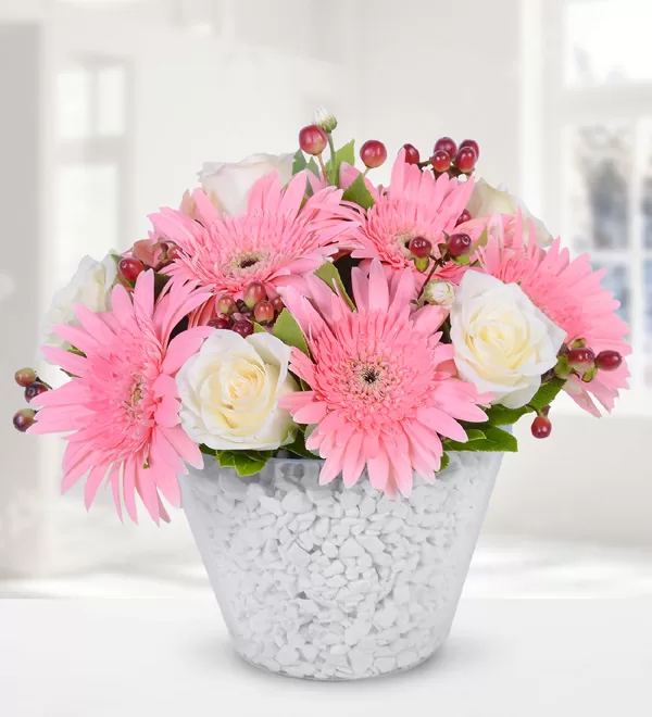 Seramikte Beyaz Gül ve Gerbera